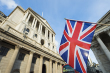 British Union Jack Flag Flying In Front Of The Bank Of England In The City Of London Financial Center