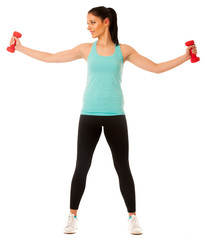 Wall Mural - active woman with dumbbells workout in fitness gym isolated over