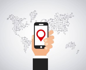 human hand holding a smartphone device over world map icon over white background. vector illustration