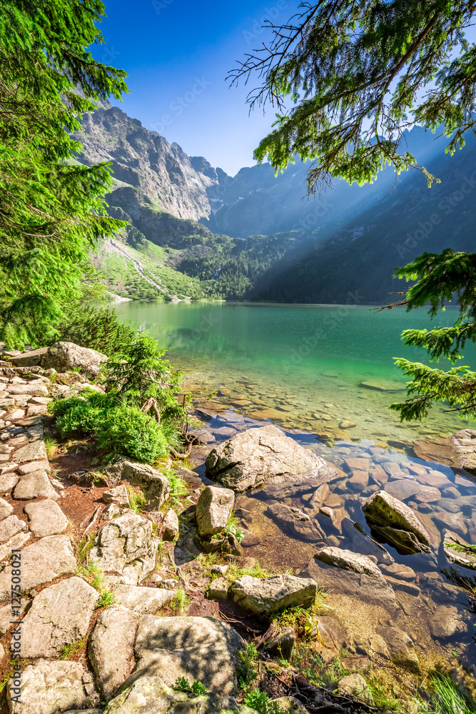 Beautiful lake in the mountains at dawn in Poland - obrazy, fototapety, plakaty 