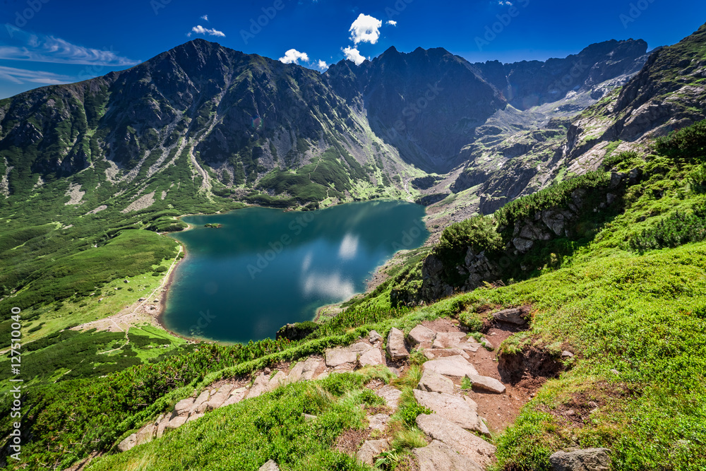 Top view of Czarny Staw Gasienicowy in Tatra Mountains, Poland - obrazy, fototapety, plakaty 