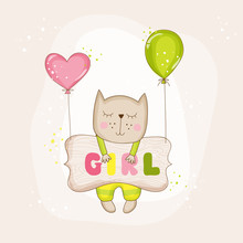 Baby Girl Cat With Balloons - Baby Shower Or Arrival Card - In Vector