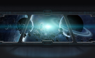Wall Mural - View of outer space from the window of a space station 3D render