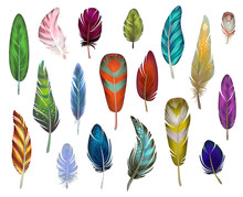 Colorful Detailed Bird Feathers Set, Painted Watercolor Design. Hand Drawn Editable Elements, Realistic Style, Vector Illustration. Ethnic Colored Feathers, Isolated On Background,sketched Collection.