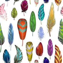 Colorful Detailed Bird Feathers Pattern, Watercolor Design Set. Hand Drawn Editable Elements, Realistic Style, Vector Illustration. Ethnic Colored Feathers, Seamless Background,sketched Collection.