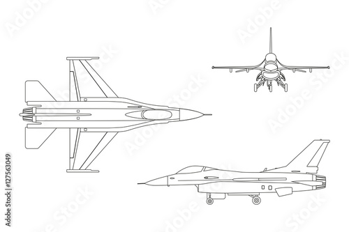 Fotografía Outline drawing of military aircraft. Top, side, front view