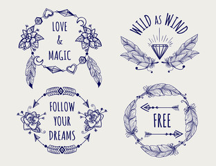 Wall Mural - boho tribal style logo set with feather hearts arrows and lettering vector