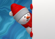 3d Render, Digital Illustration, Snowman Banner, Christmas Card, Blank Banner, Red Holiday Background
