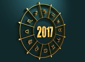 Wall Mural - Astrological symbols in the circle. Golden emblem. Metallic material. 2017 numbers. 3d rendering