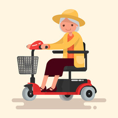 Wall Mural - Grandmother, an elderly woman in hat rides on an electric wheelc