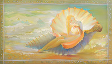 Princess Of Seashell. Portrait Of Beautiful Girl Dreaming Fantasy Environment. Oil Painting On Wood.