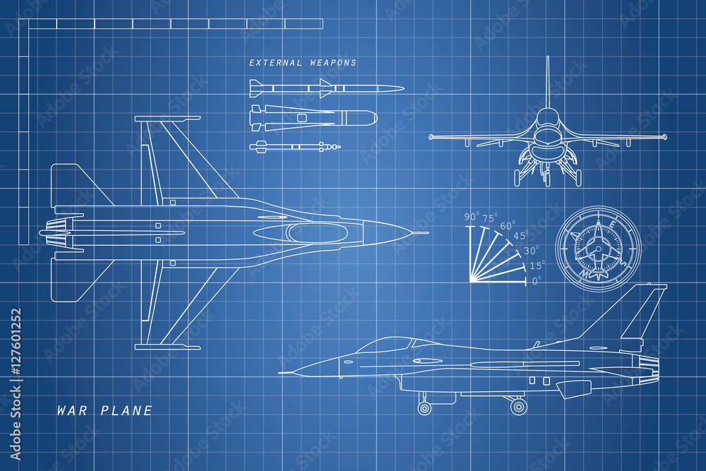 Drawing military aircraft. Top, side, front views. War plane wit