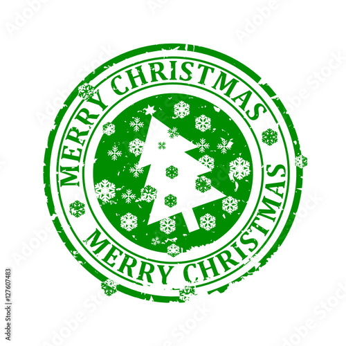 Download Damaged Round Green Stamp With The Words Merry Christmas A Christmas Tree And Snowflakes Vector Svg Stock Vector Adobe Stock