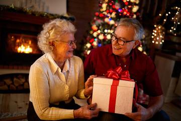 Wall Mural - Happy grandparents smiling and holding big gift .