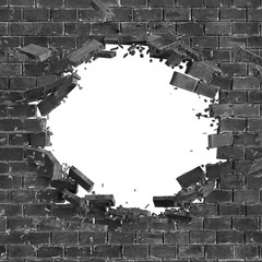 3d render, digital illustration, abstract broken black brick wall background, hole isolated