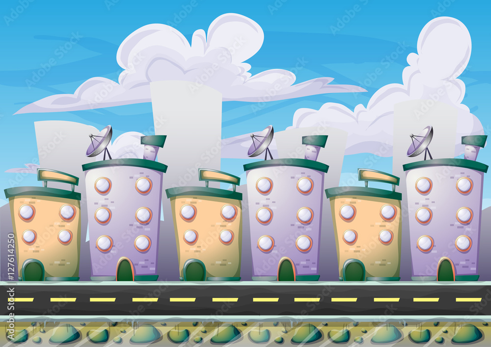 cartoon vector building background with separated layers for game art ...