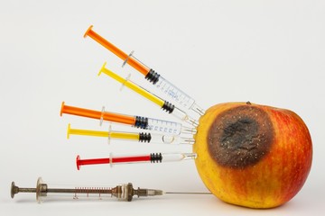 Moldy apple. Injection into red apple - Concept for Genetically modified fruit and syringe
