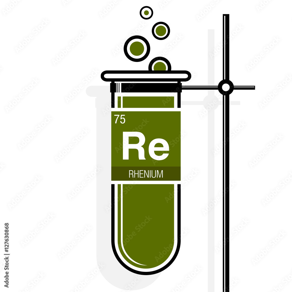 Rhenium symbol on label in a green test tube with holder. Element ...