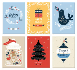 Poster - Merry Christmas and Happy Holidays cards set with New Year tree, gift box, dove, jar, ornaments and wreath. Vector illustration.