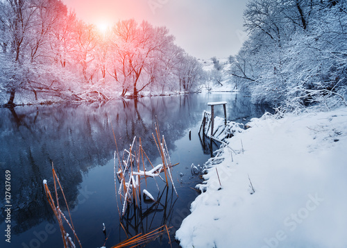 Fotografía Hermoso invierno en el bosque en el río al atardecer