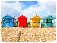 Digital Watercolor Painting Of Beach Huts On A Sunny Day In The UK With Space For Text. 