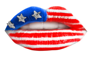 Wall Mural - Female lips with creative USA flag makeup on white background