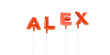 ALEX - word made from red foil balloons - 3D rendered.  Can be used for an online banner ad or a print postcard.