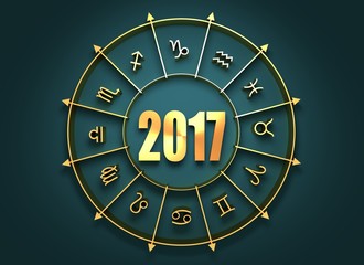 Wall Mural - Astrological symbols in the circle. Golden emblem. Metallic material. 2017 numbers. 3d rendering