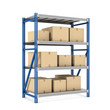 Rendering metal rack with beige cardboard boxes of different size stored there, isolated on the white background.