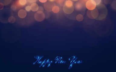 Wall Mural - Happy new year in handwriting design with bokeh and lens flare on dark blue color blurred background (vector)