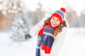 Poster - happy young woman in winter for a walk