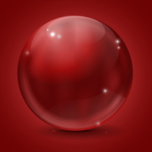 Glass Sphere. Red Shiny Ball On Red Background
