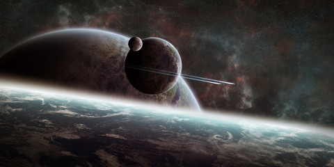 Leinwandbilder - Sunrise over distant planet system in space 3D rendering element