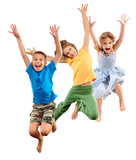 Fototapeta  - group of happy barefeet cheerful sportive children jumping and dancing