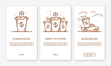 Vector Illustration Of Onboarding App Screens And Outline Web Concept Coffee Delivery Service For Mobile Apps . Modern Brown Interface UX, UI GUI Screen Template For Smart Phone Or Web Site Banners.