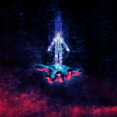 Wall Mural - data human hand / 3d illustration of glowing human form floating above open hand