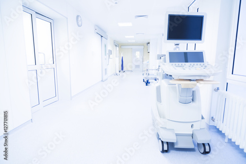 Modern Hospital Corridor Lit By A Bright Light Buy This