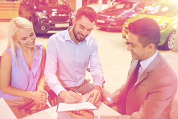 Poster - happy couple with car dealer in auto show or salon