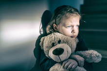 Sad Little Girl Embracing Her Teddy Bear - Feels Lonely