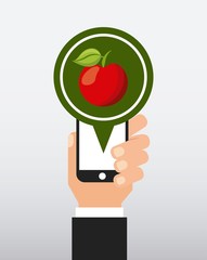 Wall Mural - hand holding a smartphone and pin with apple icon inside over white background .healthy food for dieting. colorful design. vector illustration