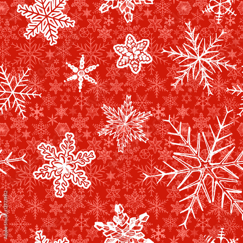 Materiał do szycia Weihnachten-Muster mit dekorativen Schneeflocken auf rotem Grund. Vektor-Illustration in Tinte hand gezeichnete Stil.