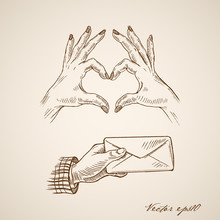 Engraving Hand Vector Female Hand Making Heart Male Envelope