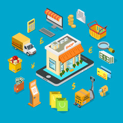 Canvas Print - flat isometric shop phone vector. shopping 3d online business