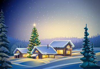 winter festive forest landscape with houses and christmas tree. raster illustration.