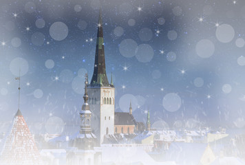 Old medieval town - magic winter background with snowfall, stars. Christmas picture