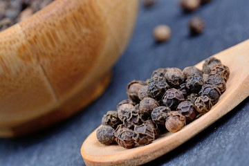 Poster - Black peppercorns in a spoon and bowl