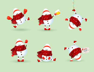 Wall Mural - Snowman Collection. Snowman set isolated on green background. Vector illustration.