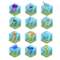 Wall Mural - Set of 12 tropical fish frozen in the ice