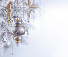 Digital Illustration, Silver Christmas Tree Ornaments, Christmas Background, Winter Holiday, Festive Greeting Card
