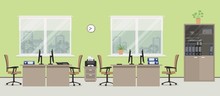Office Room In A Green Color. There Are Tables, Beige Chairs, Case For Documents, Printer And Other Objects In The Picture. Vector Flat Illustration